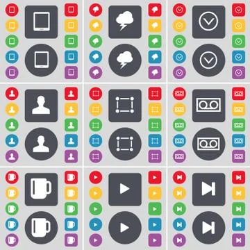 Tablet PC, Lightning, Arrow down, Avatar, Frame, Cassette, Cup, Media play, Medi Stock Illustration