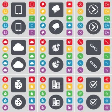 Tablet PC, Lightning, Arrow right, Cloud, Pizza, Link, Stopwatch, Building, Tick Stock Illustration