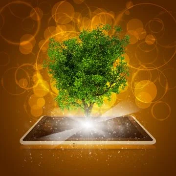 Tablet pc with magical green tree and rays of light 스톡 일러스트