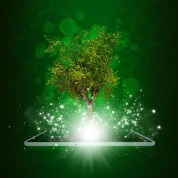 Tablet pc with magical green tree and rays of light Stockillustratie