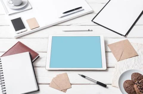 Tablet pc mockup, on a desktop Stock Photos