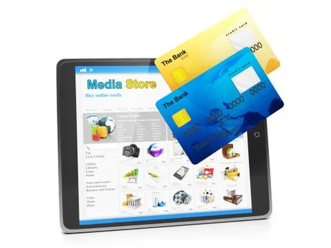 Tablet pc, payment for goods in the media store. tablet computer and group of Stock Illustration