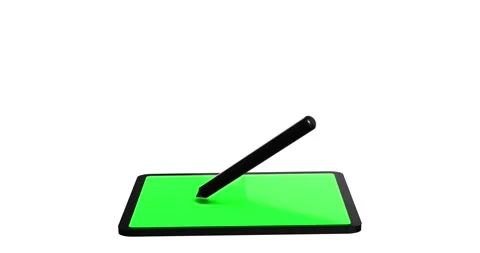 Tablet pc with pen 3d animation on white background with green blank screen Stock Footage 281049788