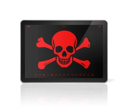Tablet PC with a pirate symbol on screen. Hacking concept Stock-Illustration