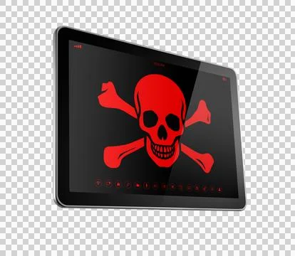 Tablet PC with a pirate symbol on screen. Hacking concept Stock-Illustration