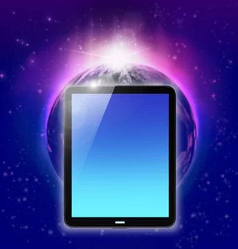 Tablet pc on planet earth and sunrise background Illustrazione stock