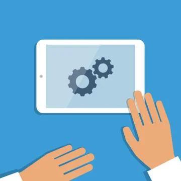 Tablet pc in process and human hands. Vector background Stock Illustration