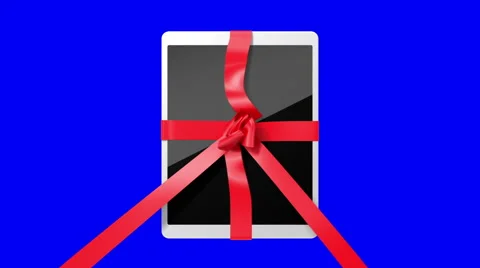 Tablet pc with a red ribbon on a blue screen Stock Footage 52082468