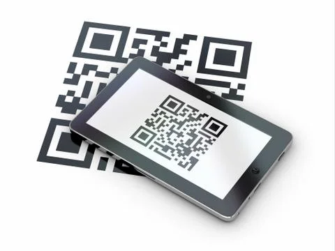 Tablet pc scanning qr code on white background. 3d Stock Illustration