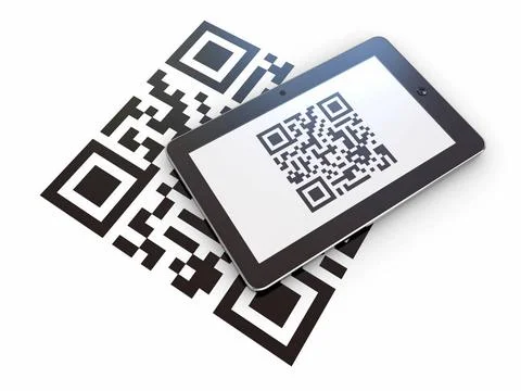 Tablet pc scanning qr code on white background. 3d Tablet pc scanning qr c... 스톡 사진