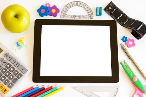 Tablet pc with school accesories 스톡 사진