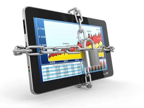 Tablet pc security. chain with lock on computer. 3d Stock Illustration