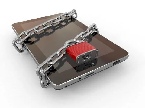 Tablet pc security. chain with lock on computer. 3d Stock Illustration