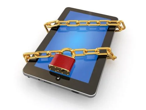 Tablet pc security. chain with lock on computer. 3d Stock Illustration