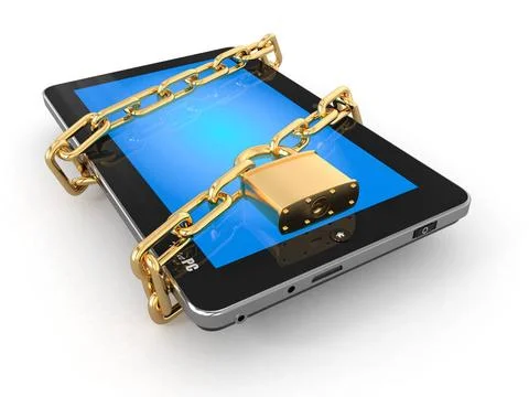 Tablet pc security. Chain with lock on computer. 3d Tablet pc security. Ch... Stock Photos