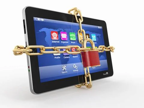 Tablet pc security. Chain with lock on computer. 3d Tablet pc security. Ch... Stock Photos