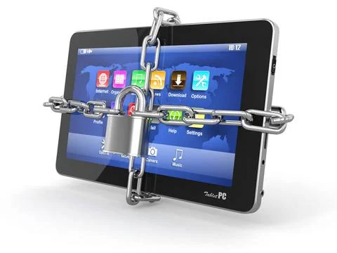 Tablet pc security. Chain with lock on computer. 3d Tablet pc security. Ch... Stock Photos