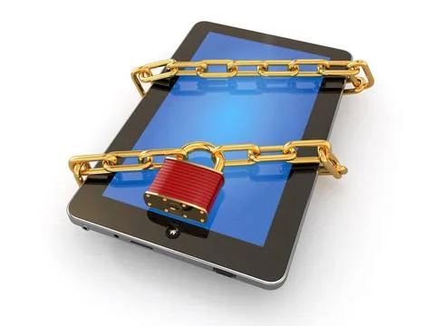 Tablet pc security. Chain with lock on computer. 3d Tablet pc security. Ch... Stock Photos