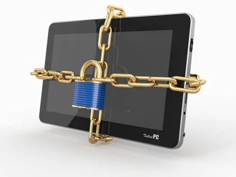 Tablet pc security. Chain with lock on computer. 3d Tablet pc security. Ch... Stock Photos