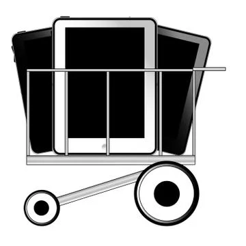 Tablet pc in shop cart Illustrazione stock