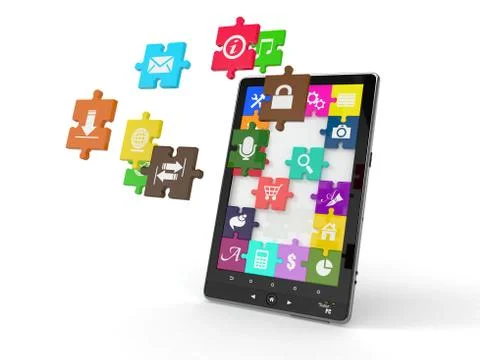 Tablet pc software. screen from puzzle with icons. 3d Illustrazione stock