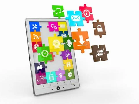 Tablet pc software. screen from puzzle with icons. 3d Illustrazione stock
