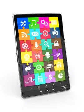 Tablet pc software. screen from puzzle with icons. 3d Illustrazione stock
