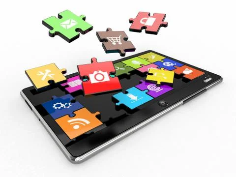 Tablet pc software. screen from puzzle with icons. 3d Stock Illustration