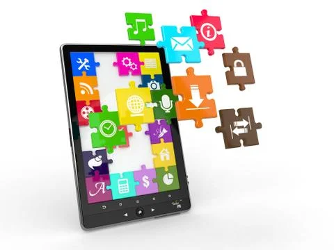 Tablet pc software. screen from puzzle with icons. 3d Ilustração Stock