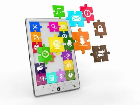 Tablet pc software. Screen from puzzle with icons. 3d Tablet pc software. ... 스톡 사진