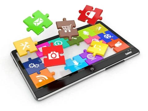 Tablet pc software. Screen from puzzle with icons. 3d Tablet pc software. ... Stock Photos