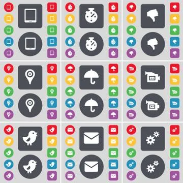 Tablet PC, Stopwatch, Dislike, Checkpoint, Umbrella, Film camera, Bird, Message, Stock Illustration
