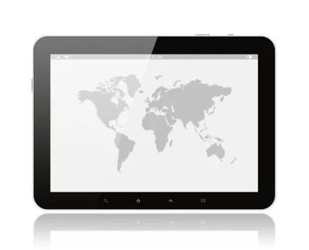 Tablet pc with world map Stock Photos
