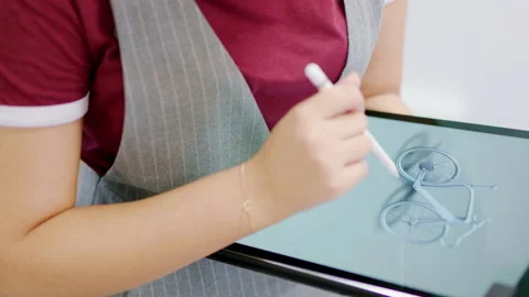 Tablet, pen and 3d graphic design of animation bicycle by tech, software or Video stock 218148383