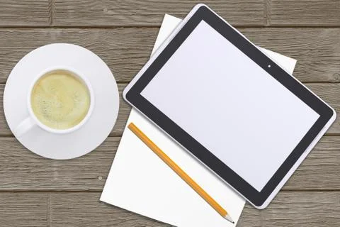 Tablet with pencil on table Stock Illustration