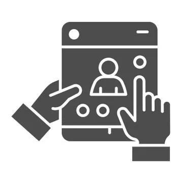 Tablet with person profile in hands solid icon, smart home symbol, internet Illustrazione stock