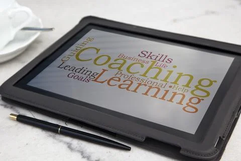 Tablet with personal coaching word cloud Stock Photos