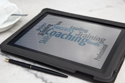 Tablet with personal coaching word cloud Stock Photos