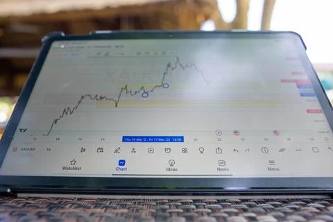 Tablet phone on the dining table. Trading foreign exchange anywhere Foto stock