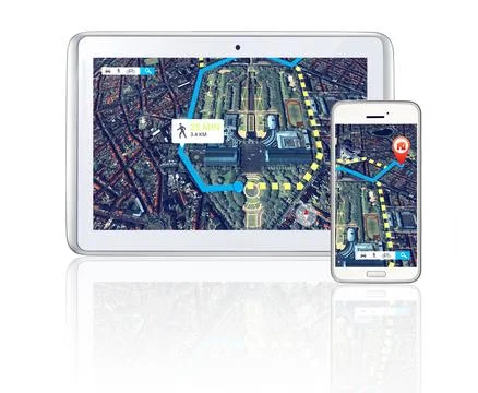Tablet, phone or virtual location to travel on city road maps or direction route Stock Photos