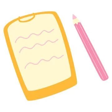 A tablet with a piece of paper on which a test paper and pencil. Cute cartoon Stock Illustration