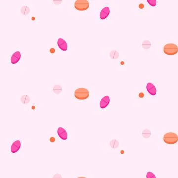 Tablet pill seamless vector pattern. Flat style pink colors. Stock Illustration