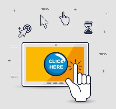 Tablet with pionter hand pixel cursor Illustrazione stock