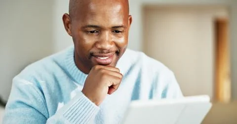 Tablet, planning and black man in home with remote work for research on fro.. Stock Photos