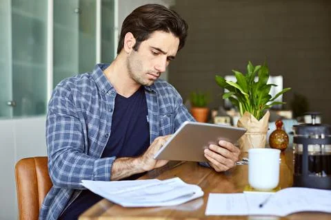 Tablet, planning and man with web design for remote work, online project an.. Stock Photos
