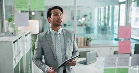 Tablet, planning and thinking with business man in office for problem solving or Stock Footage 294425229