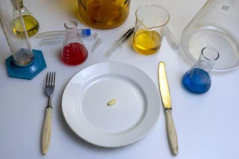 Tablet on a plate, next to a fork and a knife on the laboratory table. Unheal Stock Photos