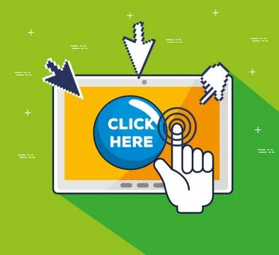 Tablet with pointer arrow and hand click cursor Stock Illustration