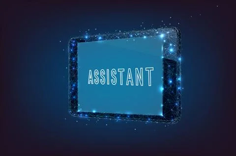 Tablet in polygonal frame with blue screen in dark blue background. Close-up. Stock Illustration