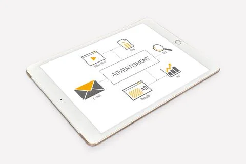 Tablet with a presentation about advertisement on its screen isolated on a white Stock Photos
